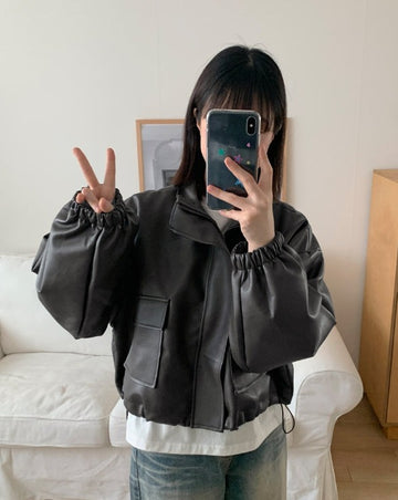 Fukui Pocket String Crop Leather Jumper